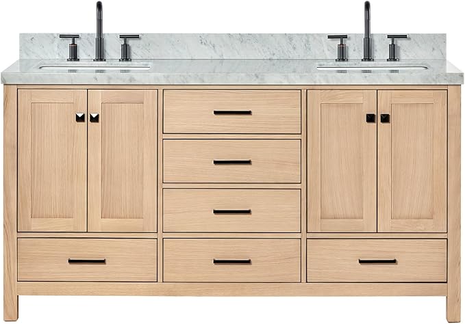 ARIEL Cambridge 66-inch Bathroom Vanity with Sink,Solid Wood, 1.5-inch Italian Carrara Marble Countertop, Double Rectangular Porcelain Sink, 4 Soft Closing Doors, 6 Dovetail Drawers, White Oak