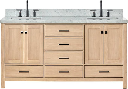 ARIEL Cambridge 66-inch Bathroom Vanity with Sink,Solid Wood, 1.5-inch Italian Carrara Marble Countertop, Double Rectangular Porcelain Sink, 4 Soft Closing Doors, 6 Dovetail Drawers, White Oak