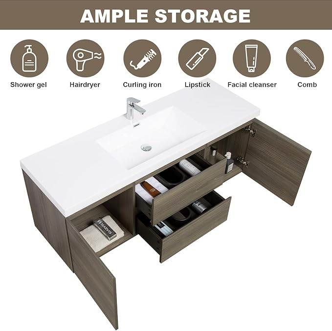 Floating Vanity Bathroom, 60 Inch Bathroom Vanity with Sink, Wall Mounted Single Sink Bathroom Vanity, Soft Closed 2 Drawers, Integrated Sink (Ash Grey)