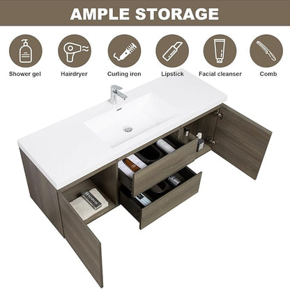 Floating Vanity Bathroom, 60 Inch Bathroom Vanity with Sink, Wall Mounted Single Sink Bathroom Vanity, Soft Closed 2 Drawers, Integrated Sink (Ash Grey)