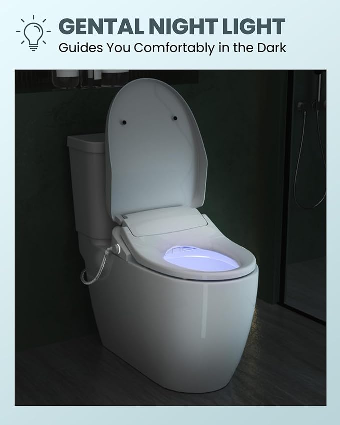 Electric Bidet Toilet Seat Elongated, Heated Toilet Seat with Instant Warm Water & Air Dryer, 6 Wash Modes, Dual Control, Self-Cleaning Nozzle, Soft-Close Lid, Night Light, Eco & Child Friendly