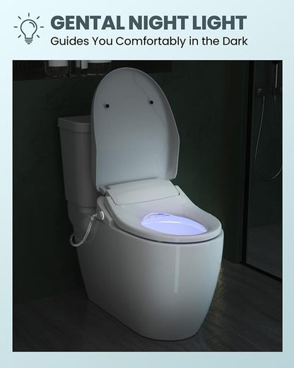 Electric Bidet Toilet Seat Elongated, Heated Toilet Seat with Instant Warm Water & Air Dryer, 6 Wash Modes, Dual Control, Self-Cleaning Nozzle, Soft-Close Lid, Night Light, Eco & Child Friendly