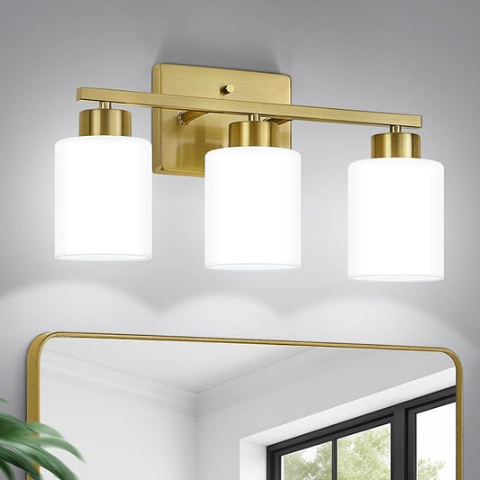 Brushed Gold Bathroom Light Fixtures, 3-Light Modern Vanity Light Over Mirror, Wall Sconces with Milky White Frosted Glass Shades, E26 Socket (Bulbs Not Included)