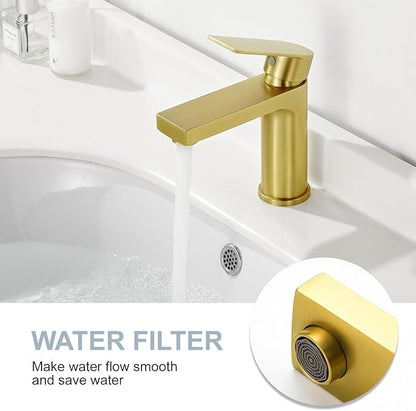 Light Gold Bathroom Faucet, Single Hole Vanity Sink Faucet with Metal Pop-Up Drain, Supply Lines & Deck Plate Fits 1 or 3 Hole, Brushed Finish
