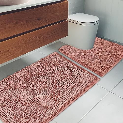 Bathroom Rugs Chenille Bath mat 2 Piece Set, Super Absorbent, Strong PVC Non Slip Backing, Bath mats for Bathroom, Plush Shaggy, Thick, Machine Washable, Bathtub, Toilet.(Deep Pink)