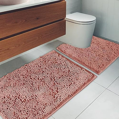 Bathroom Rugs Chenille Bath mat 2 Piece Set, Super Absorbent, Strong PVC Non Slip Backing, Bath mats for Bathroom, Plush Shaggy, Thick, Machine Washable, Bathtub, Toilet.(Deep Pink)