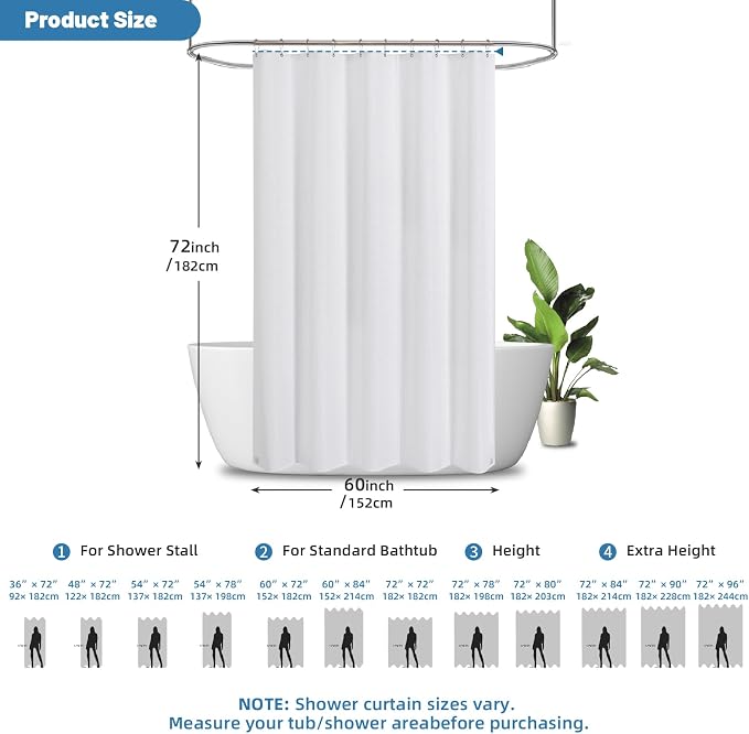 2-in-1 Waterproof Fabric Shower Curtain - No Separate Liner Needed, Hotel-Style Waffle Weave, Effortless Cleaning & Washable Bathroom Shower Curtain Set,60Wx72H,White