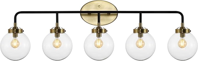 JONATHAN Y 38" Black/Brass Gold 5-Light LED Wall Sconce Vanity Lighting, Clear Glass Globe Shade Modern Contemporary Sconce for Bathroom Mirror, Hallway, UL Listed (JYL9555A)
