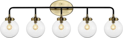 JONATHAN Y 38" Black/Brass Gold 5-Light LED Wall Sconce Vanity Lighting, Clear Glass Globe Shade Modern Contemporary Sconce for Bathroom Mirror, Hallway, UL Listed (JYL9555A)