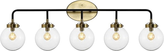 JONATHAN Y 38" Black/Brass Gold 5-Light LED Wall Sconce Vanity Lighting, Clear Glass Globe Shade Modern Contemporary Sconce for Bathroom Mirror, Hallway, UL Listed (JYL9555A)