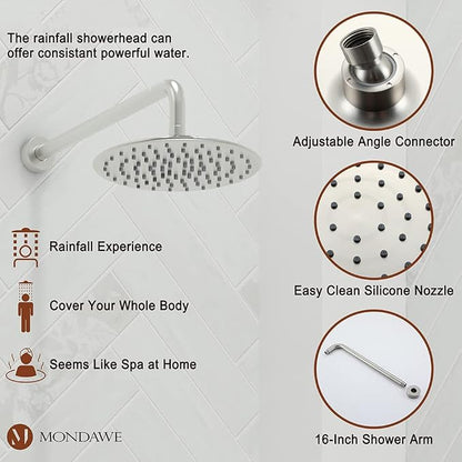 MONDAWE 9 Inch Wall Mounted Shower Faucet Set with Tub Spout in Brushed Nickel, Rainfall Shower Head with 3-Setting Handheld Spray Shower Combo, High Pressure Shower System with Solid Brass Valve