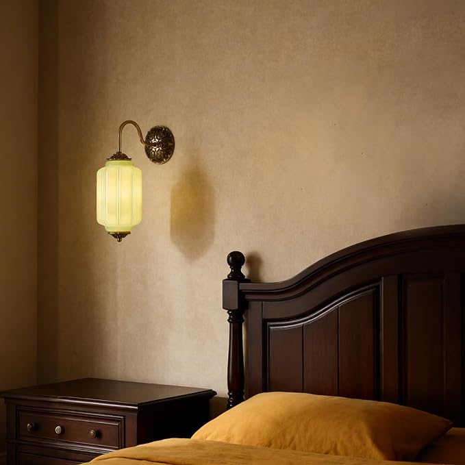 Vintage Milk Glass Wall Sconce, H15" Hardwired Green Glass Sconce with Gold Carved Metal, Antique Bronze Retro Wall Lamp for Bedroom, Bathroom, Living Room, Hallway, E12 Bulb Warm Light (Green 1Pack)