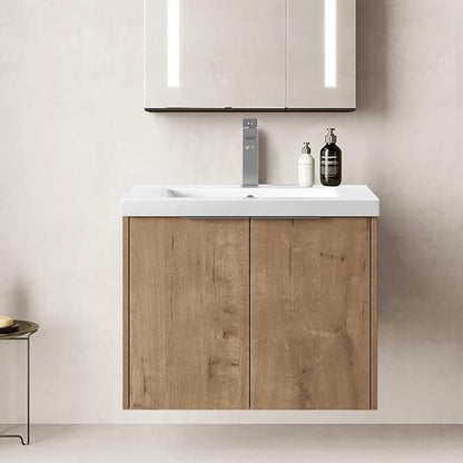 SSLine Wall Mounted Bathroom Vanity with Sink Combo Modern 24-Inch Single Bathroom Vanity Set with Top Basin &Storage Cabinet Wood Hanging Bath Cabinet w/Resin Sink for Small Space(Brown)