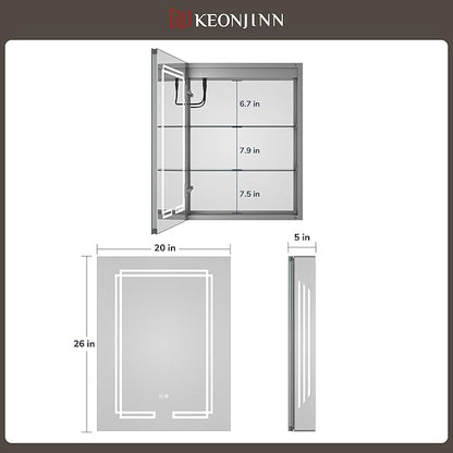 Keonjinn 20 x 26 Inch Lighted Medicine Cabinet Mirror, Bathroom LED Medicine Cabinet with Lights, Adjustable Shelves, Tempered Glass, UL-Listed, Dimmable, No Outlets, Defogging, Wall Mount Only