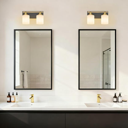 Black and Gold Bathroom Light Fixture, Modern 2 Light Vanity Lights for Bathroom Lighting Fixtures Over Mirror, White Glass Lampshade, Master & Guest bathrooms Bathroom Remodel, 14-inch