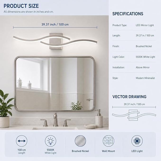 Modern Vanity Lights Dimmable Bathroom Light Fixtures Over Mirror Bathroom LED Vanity Light for Bathroom Living Room (Brushed Nickel,39.37Inch,5500K)