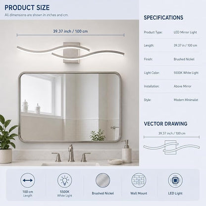 Modern Vanity Lights Dimmable Bathroom Light Fixtures Over Mirror Bathroom LED Vanity Light for Bathroom Living Room (Brushed Nickel,39.37Inch,5500K)