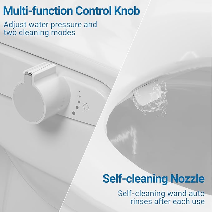Non-Electric Bidet Toilet Seat with Quiet-Close & Dual Nozzles - Self-Cleaning Elongated Bidet Attachment, Fits Most Standard Round Toilets (17 Inch), White