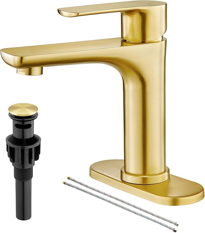 Faustina Light Gold Single Handle Bathroom Faucet, 304 Stainless Steel Vanity Faucet with Pop-Up Drain and Deck Plate for 1 or 3 Hole Sinks