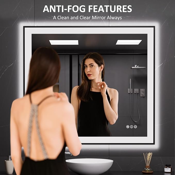 LOAAO 40"X36" LED Bathroom Mirror Black Framed | Anti-Fog, Dimmable, Memory Function, Tempered Glass, Lighted Vanity Mirror for Wall