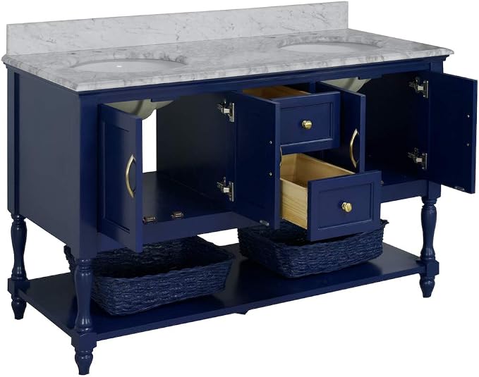 Beverly 60-inch Double Bathroom Vanity (Carrara/Royal Blue): Includes Royal Blue Cabinet with Authentic Italian Carrara Marble Countertop and White Ceramic Sinks