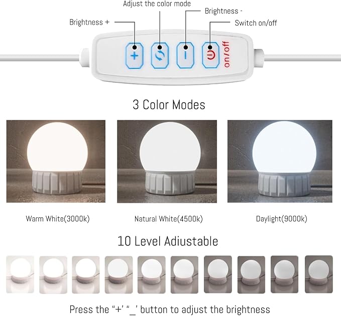 Hollywood Style LED Vanity Mirror Lights, USB Makeup Fill Light Adjustable Brightness & Color, Stick On for Dressing Room Bathroom, 14 Bulbs
