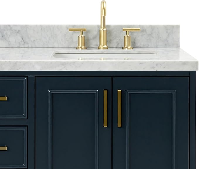 ARIEL Stafford 60-inch Bathroom Vanity with Sink,Solid Wood, 1.5-inch Italian Carrara Marble Countertop, Double Rectangular Porcelain Sink, 4 Soft Closing Doors, 6 Dovetail Drawers, Midnight Blue