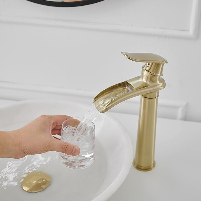 BWE Bathroom Vessel Sink Faucet Waterfall Spout Single Handle One Hole Solid Brass Deck Mount Brushed Gold Lavatory Mixer Tap Lavatory Vanity Sink Faucet with Pop Up Drain