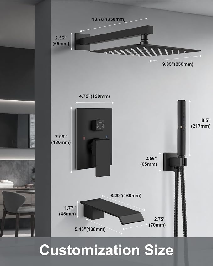 Aolemi Shower System with Tub Spout and Valve Matte Black | 10-Inch Square Wall Mounted Rainfall Shower Head and Handheld,3-Function Bathtub Shower Faucet Set