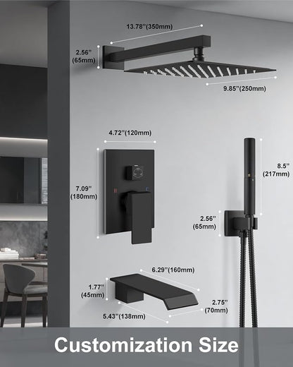 Aolemi Shower System with Tub Spout and Valve Matte Black | 10-Inch Square Wall Mounted Rainfall Shower Head and Handheld,3-Function Bathtub Shower Faucet Set