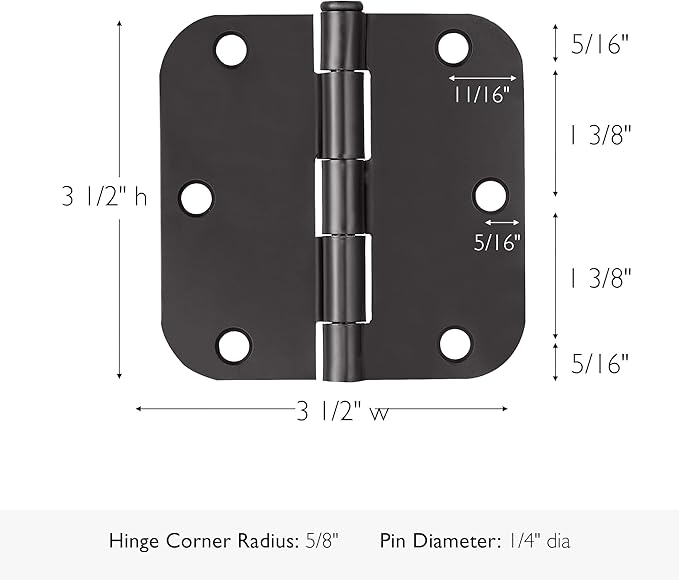 Design House Door Hinge, 3.5 in x 3.5 in, 5/8 in Radius, Interior, Rounded Steel, Removable Pin, Pre-Lubricated, Easy to Install, Matte Black Finish, 9 Pack, 191148