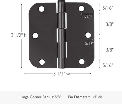 Design House Door Hinge, 3.5 in x 3.5 in, 5/8 in Radius, Interior, Rounded Steel, Removable Pin, Pre-Lubricated, Easy to Install, Matte Black Finish, 9 Pack, 191148
