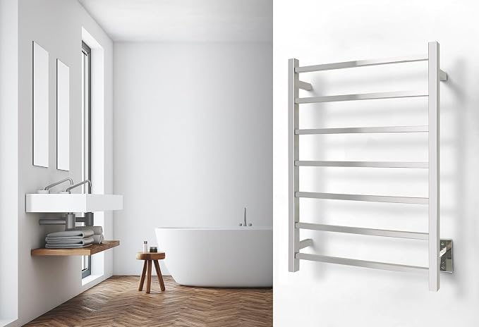 WarmlyYours Tahoe Heated Towel Rack, 7 Bars, Polished Stainless Steel | Hardwired 120V heated towel rack for spa-like bathroom comfort, 427 BTU/hr, energy-efficient towel drying