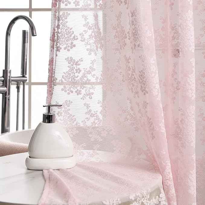 Pink Lace Shower Curtain 72x72, Cute Girly Style with Attached Valance | Vintage Floral Lace and Scalloped Trim, Filter Soft Light, Creating a Delicate Romantic Shabby Chic Bathroom Look