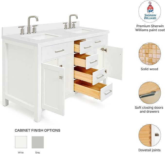 ARIEL Bristol 60-inch Bathroom Vanity with Sink,Solid Wood, 1.5-inch Pure White Quartz Countertop & Backsplash, Double Rectangular Porcelain Sink, 4 Soft Closing Doors, 3 Dovetail Drawers, White