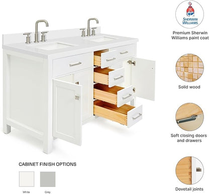 ARIEL Bristol 60-inch Bathroom Vanity with Sink,Solid Wood, 1.5-inch Pure White Quartz Countertop & Backsplash, Double Rectangular Porcelain Sink, 4 Soft Closing Doors, 3 Dovetail Drawers, White