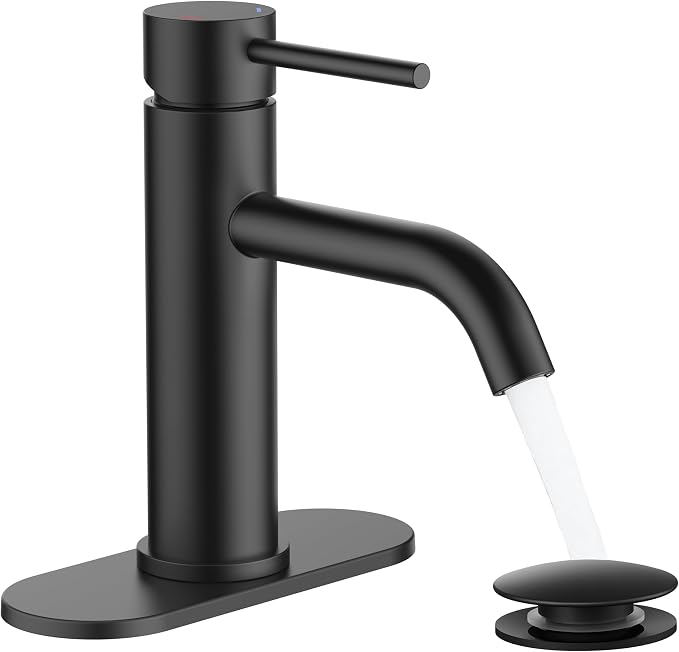 FORIOUS Bathroom Faucet 1 Hole, Black Single Handle Vainty Sink Faucets | for 1 or 3 Hole 4 Inch Centerset Sink, with Pop-up Drain, NSF61 Certificate, for Rv Commercial Lavatory Restroom Basin