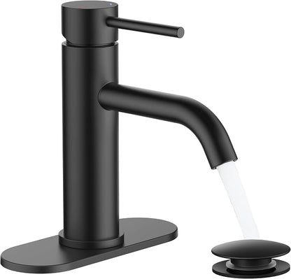 FORIOUS Bathroom Faucet 1 Hole, Black Single Handle Vainty Sink Faucets | for 1 or 3 Hole 4 Inch Centerset Sink, with Pop-up Drain, NSF61 Certificate, for Rv Commercial Lavatory Restroom Basin