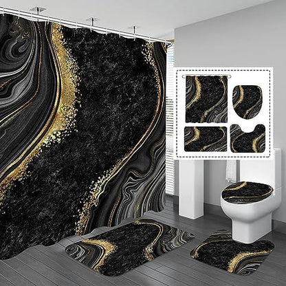Gibelle 4 Pcs Luxury Marble Shower Curtain Set with Non-Slip Rugs, Toilet Lid Cover and Bath Mat, Black Gold Bathroom Decor Set with Shower Curtain and Rugs and Accessories
