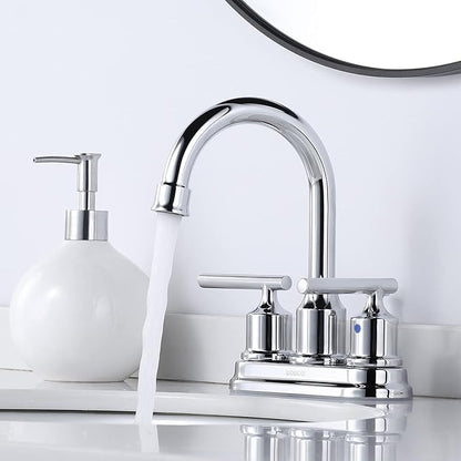 WOWOW Chrome Bathroom Faucet 3 Hole Bathroom Sink Faucet 2 Handle Faucet Centerset 4 inch Vanity Faucet Modern Water Tap with Lift Rod Drain Stopper and Supply Lines