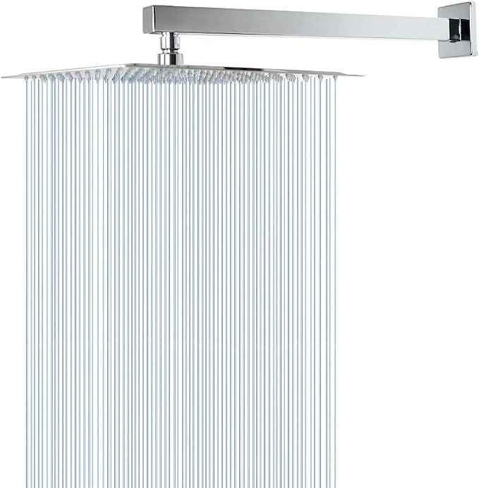 Shower Head with Extension Arm, High Pressure Square with ShowerArm, Stainless Steel Rainfall -Waterfall Full Body Coverage (12'' Shower with 16'' Arm, Chrome)