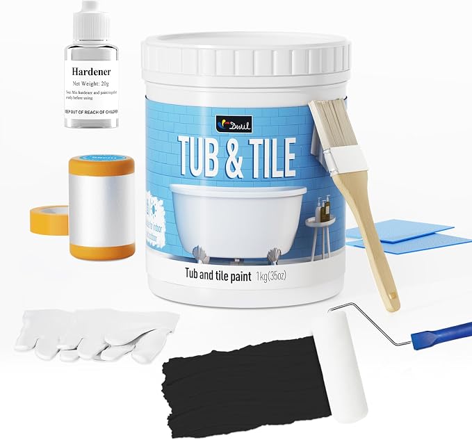 DWIL Tub and Tile Refinishing Kit, Quick-Dry Tub Paint Water Based Tile Paint for Wall, Sink, Bathroom, Kitchen, Semi-Gloss Black, 50-55sq.ft, 33oz