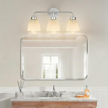 21 Inch Mid-Century Modern Vanity Lights, 3-Light Silver Bathroom Light Fixture with Frosted White Bell Shades, Industrial Wall Sconce for Mirror Over Vanity, Bedroom, Hallway