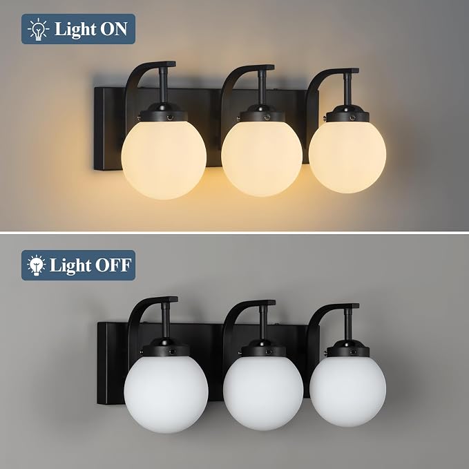 3 Lights Bathroom Vanity Light Fixtures Modern Sand Black Vanity Light with Milk White Glass Globe Shade Bathroom Lighting Over Mirror Wall Sconce for Bedroom Living Room Hallway