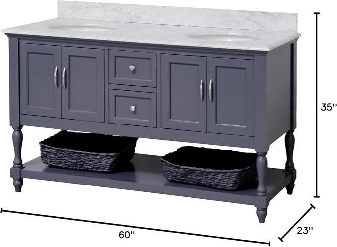Beverly 60-inch Double Bathroom Vanity (Marine Gray/Carrara): Includes Marine Gray Cabinet with Authentic Italian Carrara Marble Countertop and White Ceramic Sinks