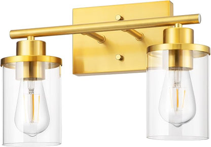 EDISHINE 2-Light Gold Vanity Lights Over Mirror, Modern Wall Sconces, E26 | Clear Glass Shades, Metal Frame with Brushed Brass Finish, Ideal for Powder Room, Vanity Table, Kitchen