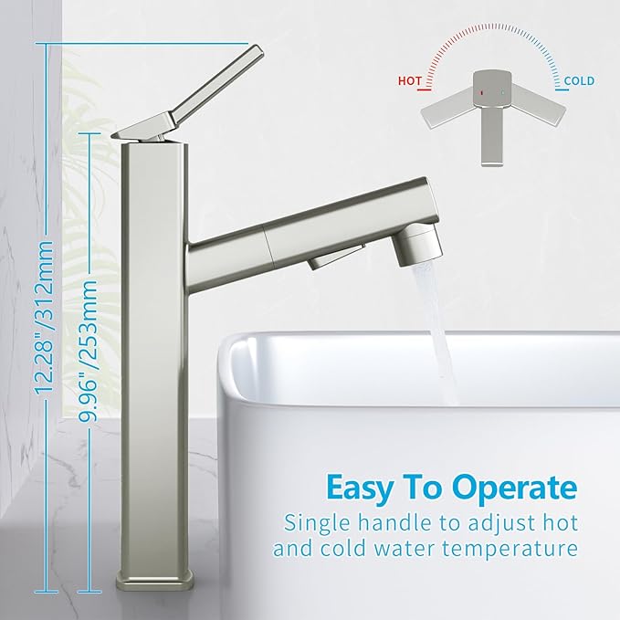 MIAOHUI Vessel Sink Faucet with Pull Out Sprayer, 3 Spray Mode Tall Bathroom Sink Faucet, High Bathroom Faucets for Sink 1 Hole, Single Handle Modern Vanity Faucet with Fountain Mode, Brushed Nickel