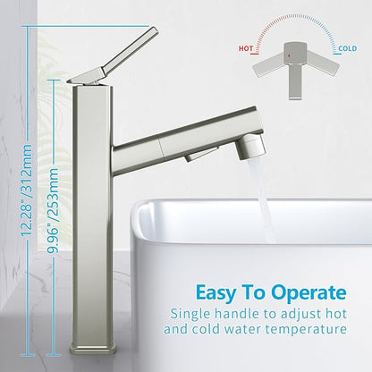MIAOHUI Vessel Sink Faucet with Pull Out Sprayer, 3 Spray Mode Tall Bathroom Sink Faucet, High Bathroom Faucets for Sink 1 Hole, Single Handle Modern Vanity Faucet with Fountain Mode, Brushed Nickel