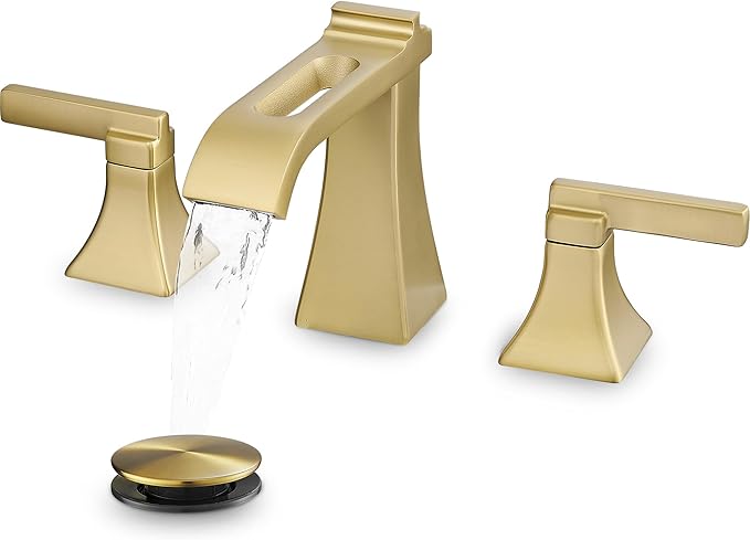 Brushed Gold Bathroom Faucet 3 Hole, Brass Waterfall 8 Inch Widespread Bathroom Sink Faucets with Pop-Up Drain, cUPC Water Hose, 2 Handles for Vanity, Restroom, Modern Hollowed Design