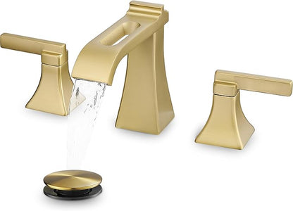 Brushed Gold Bathroom Faucet 3 Hole, Brass Waterfall 8 Inch Widespread Bathroom Sink Faucets with Pop-Up Drain, cUPC Water Hose, 2 Handles for Vanity, Restroom, Modern Hollowed Design